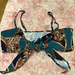 SHEIN Blue and Gold Sleeveless Crop Top with Tie Front